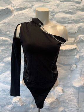 Manière De Voir One Shoulder One Sleeve Chain Bodysuit Black Size 12